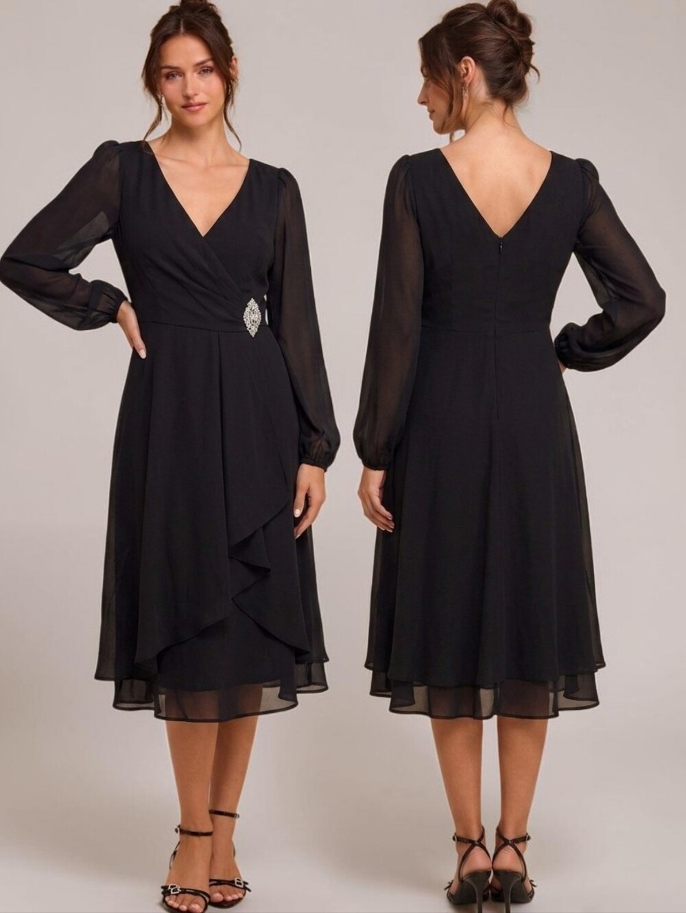 MARINA Black Chiffon Rhinestone Embellished Cocktail Dress - Size 6